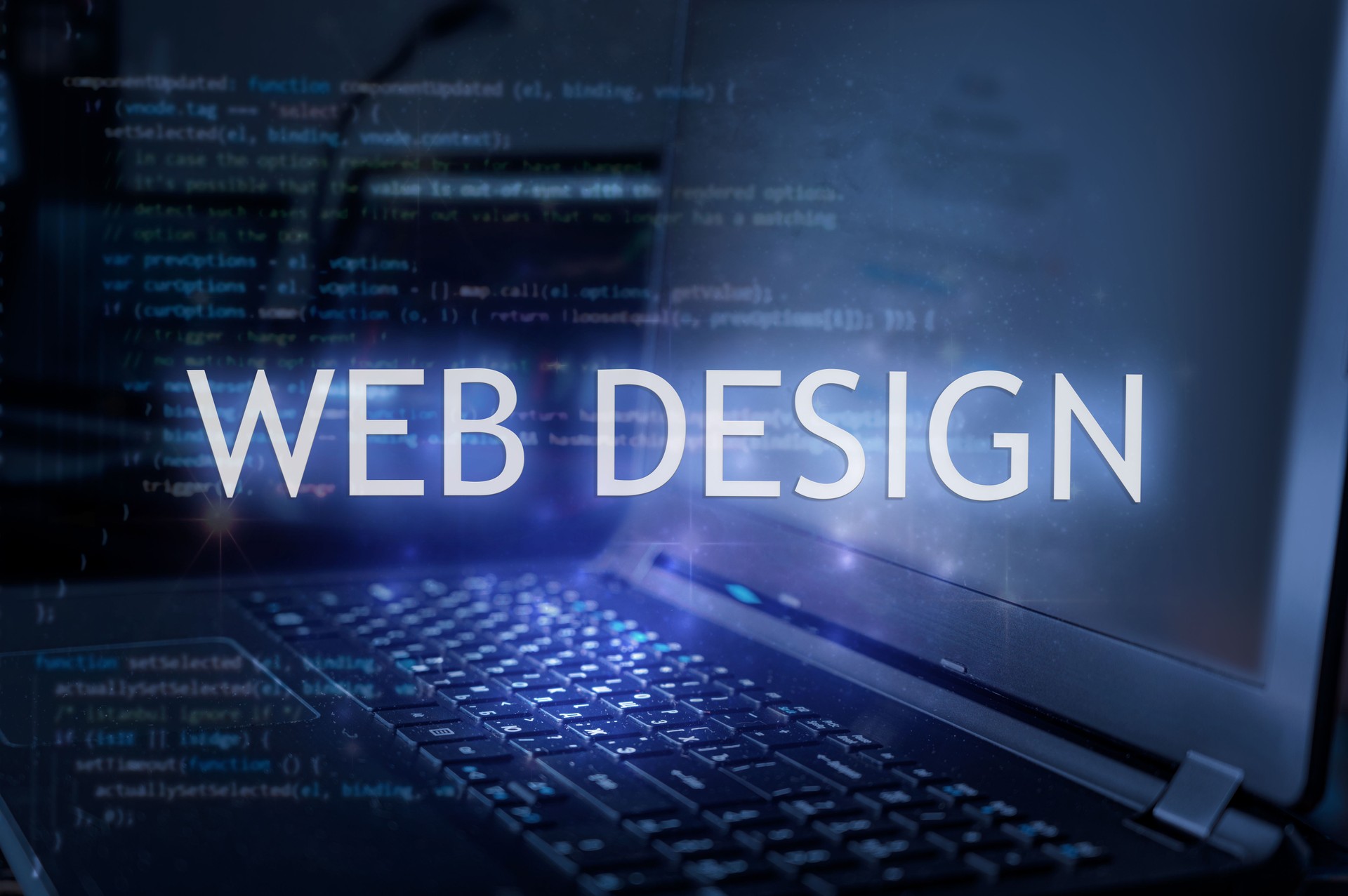 Web design inscription against laptop and code background. Learn web design, computer courses, training.